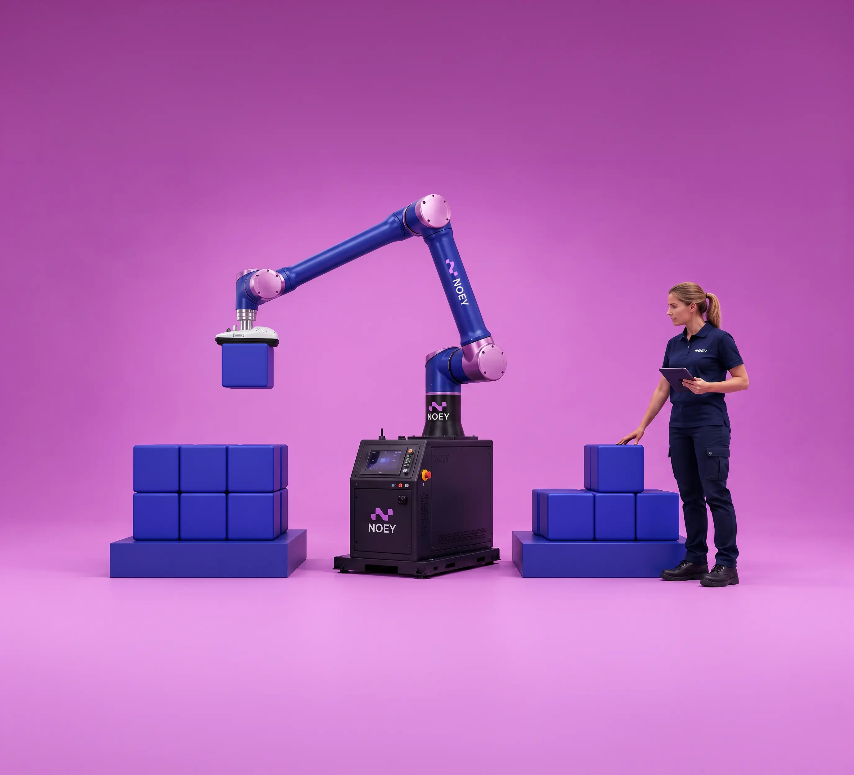 Noey Pallet stapelt Gebinde, Mitarbeiterin überwacht den Palettierprozess